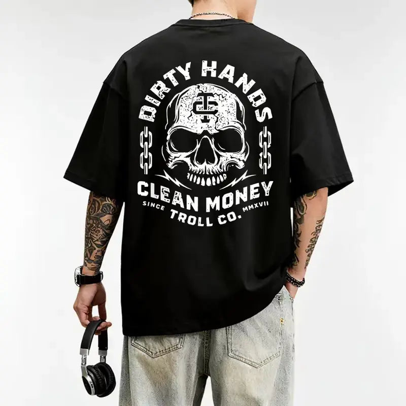 Men's Graphic T-Shirt, Soft Round Neck with 2-Sided 'Dirty Hand Clean Money' Golden Skull Print for Casual Workwear or a Blue Collar Gift, Tshirt Black
