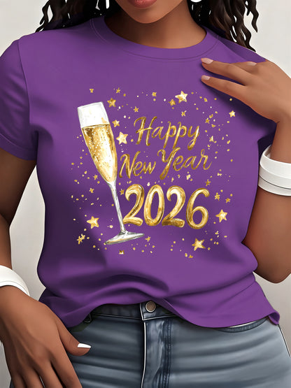 [Women'S Happy New Year T-Shirt] Women'S Luxurious Golden 2026 Happy New Year And Champagne Pattern Printed T-Shirt, Women'S Fashion Commute Round Neck Short Sleeve T-Shirt, Women'S Attending New Year Celebration Clothing, Goodbye 2025