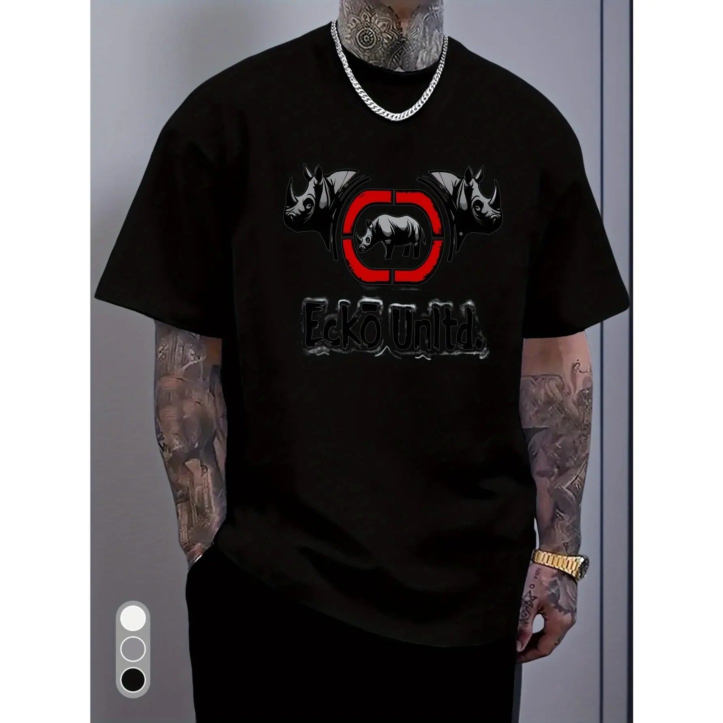 White Rhino Graphic & Ecko Unlimited Text Crew Neck T-Shirt - Bold Black Rhino Head Print, Regular Fit Casual Gym & Everyday Shirt, Durable Comfortable Soft Unisex Top for Training, Autumn & Summer Season, Adult Apparel (Ecko Unlimited Design) with Vibran