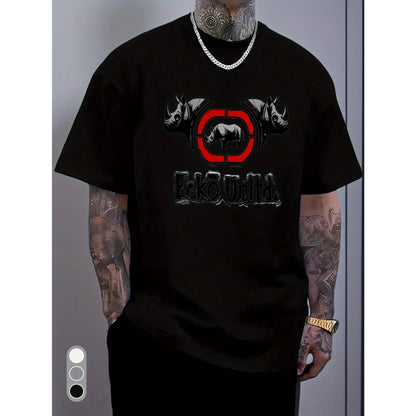 White Rhino Graphic & Ecko Unlimited Text Crew Neck T-Shirt - Bold Black Rhino Head Print, Regular Fit Casual Gym & Everyday Shirt, Durable Comfortable Soft Unisex Top for Training, Autumn & Summer Season, Adult Apparel (Ecko Unlimited Design) with Vibran