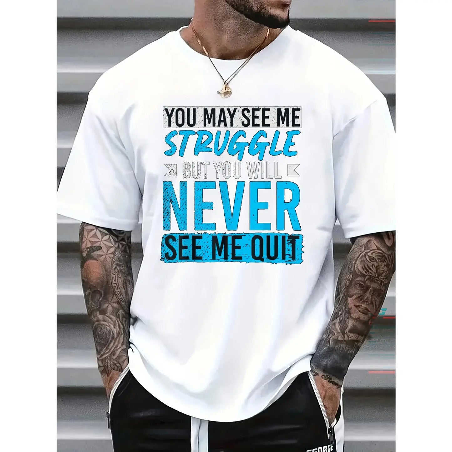 Men'S T-Shirts with 'Never Give Up' Slogan, Spacious, Cozy, Made from 100%25 with a Round Neckline