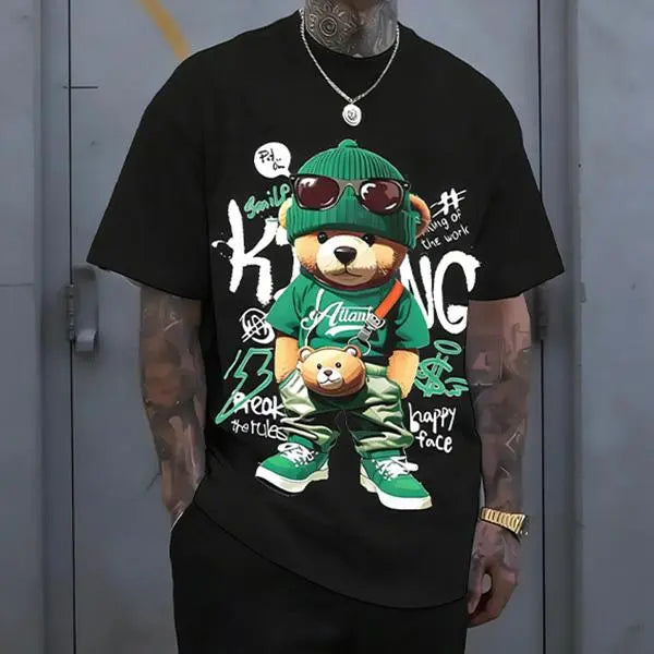 Streetwear hip-hop teddy bear print men’s T-shirt, Harajuku retro casual short-sleeve top, Y2K-style loose trendy tee. tiktokshopspringglowup