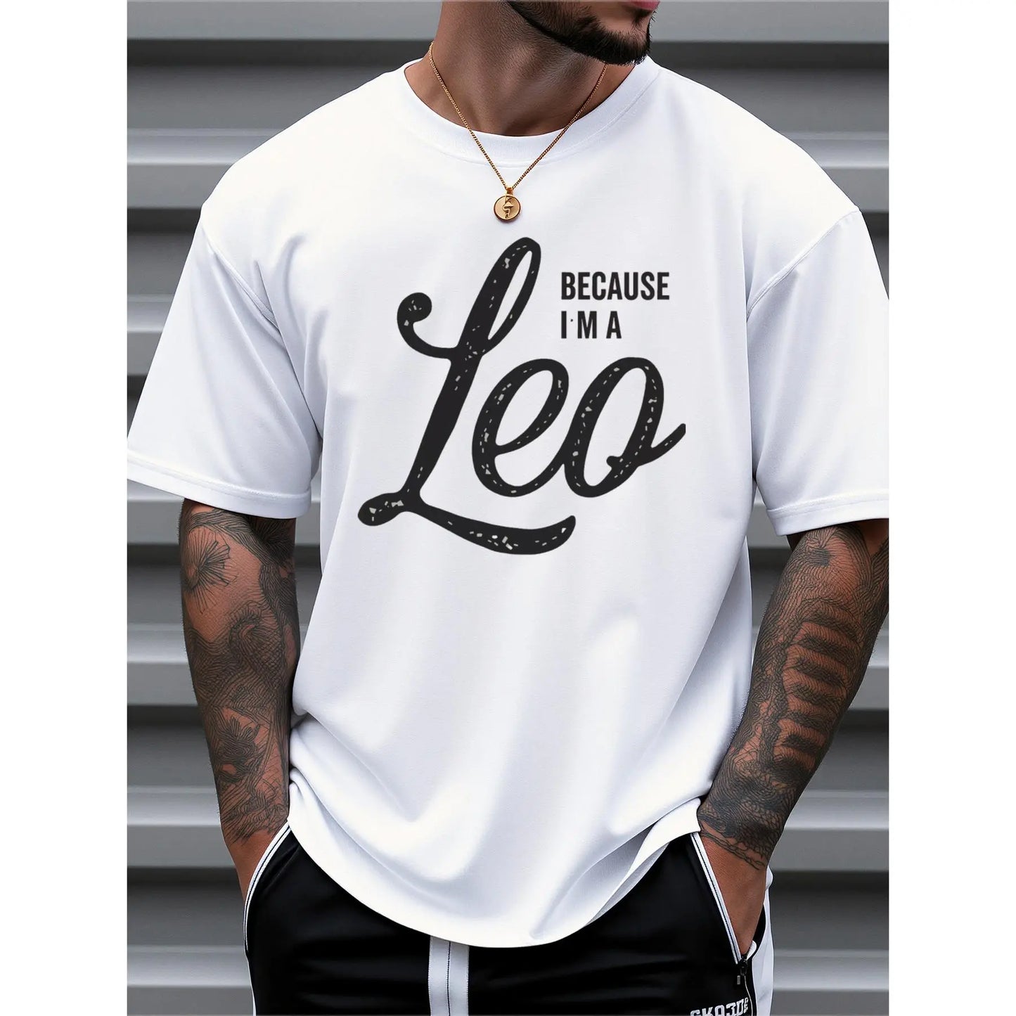 Men's Zodiac Leo Graphic T-Shirt - 100%25 Cotton Loose Fit Casual Tee with "Because I'm a Leo" Print, Round Neck Short Sleeve for Summer Outdoor & Daily Wear, Comfortable Fabric