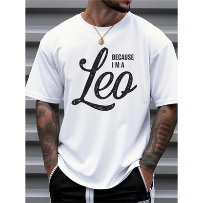 Men's Zodiac Leo Graphic T-Shirt - 100%25 Cotton Loose Fit Casual Tee with "Because I'm a Leo" Print, Round Neck Short Sleeve for Summer Outdoor & Daily Wear, Comfortable Fabric