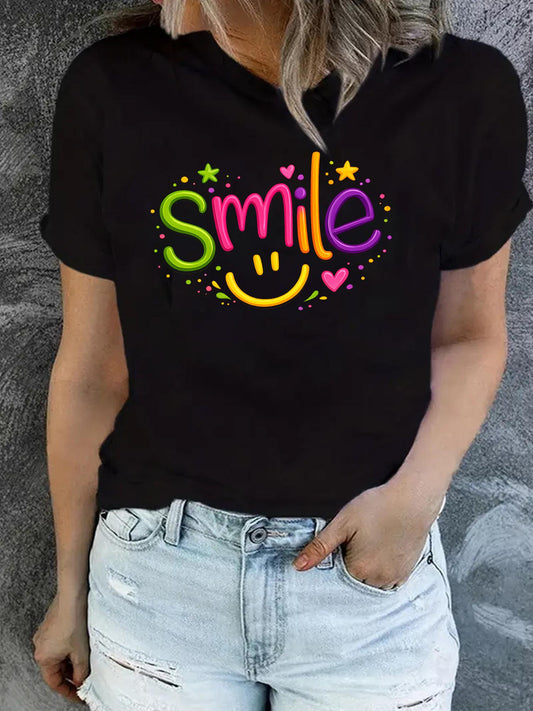 Summer New Arrival: Women'S Short-Sleeve T-Shirt. This Casual And Stylish Top Features a Colorful 'Smile' Graphic, with The Letter 'I' Creatively Designed As a Yellow Smiling Face - an Elegant Addition to Any Woman'S Wardrobe