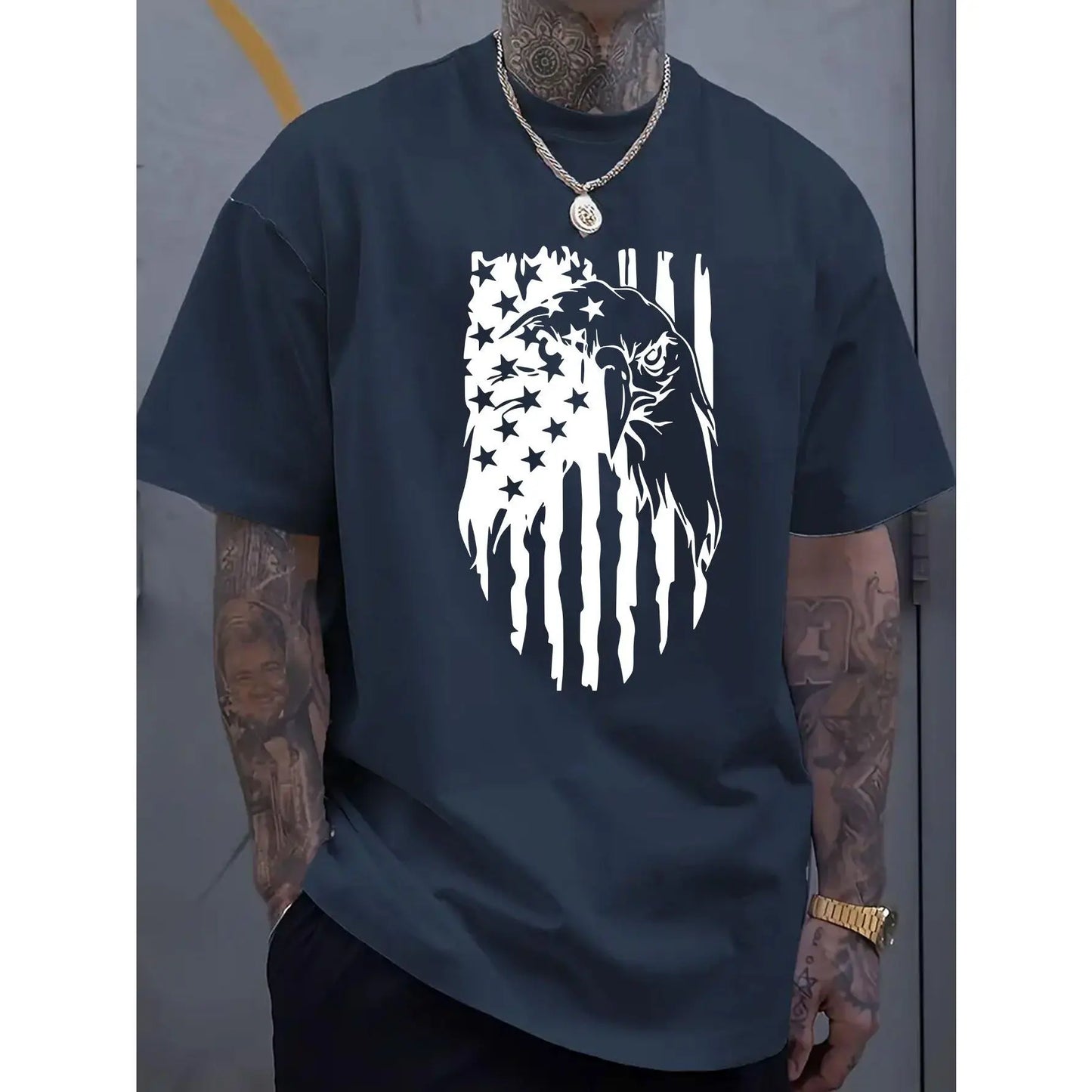 Men's American Flag Eagle Print T-Shirt, 100%25 Cotton Crew Neck Short Sleeve Tee, Casual All-Season Knit Fabric Top, Breathable Comfort Fit for Sports & Leisure, Leisure Clothing | Patriotic Apparel | Stretchable Material