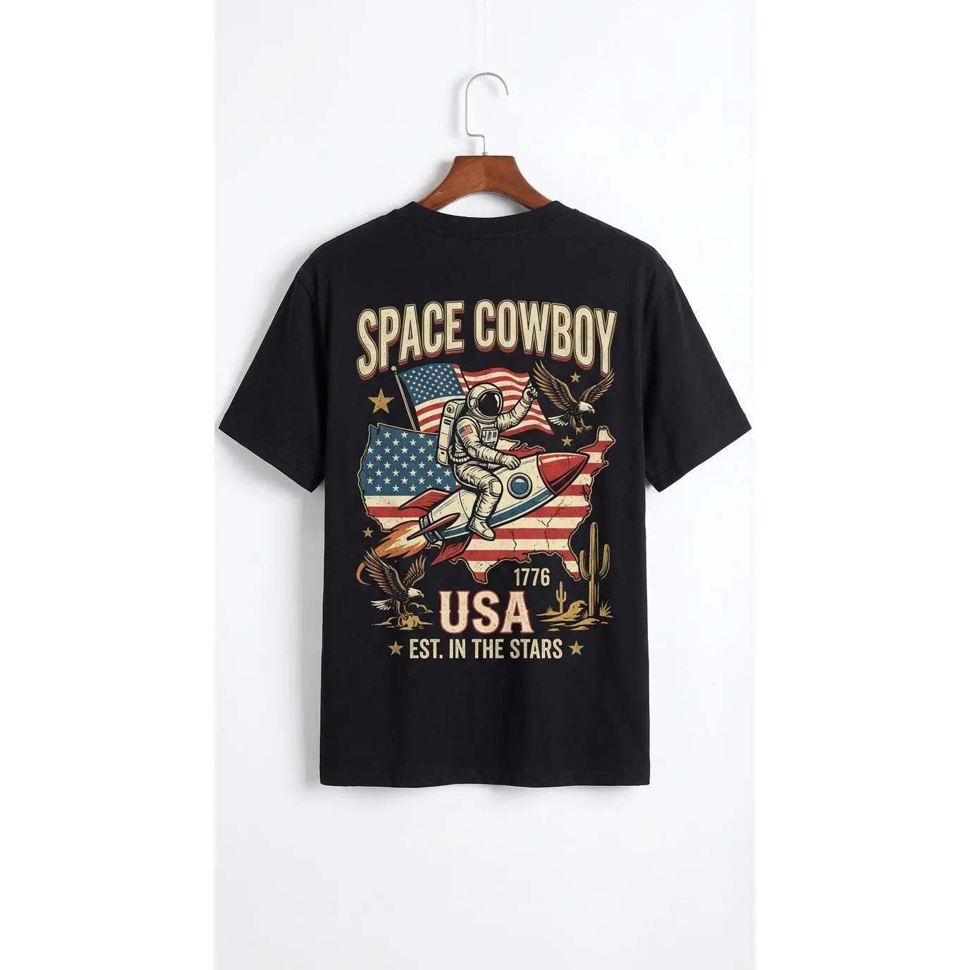 Unisex Space Cowboy T-Shirt - Classic Fit Vintage Americana Cotton Graphic Top with Patriotic USA 1776 Print, Garment
