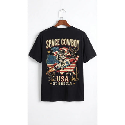 Unisex Space Cowboy T-Shirt - Classic Fit Vintage Americana Cotton Graphic Top with Patriotic USA 1776 Print, Garment