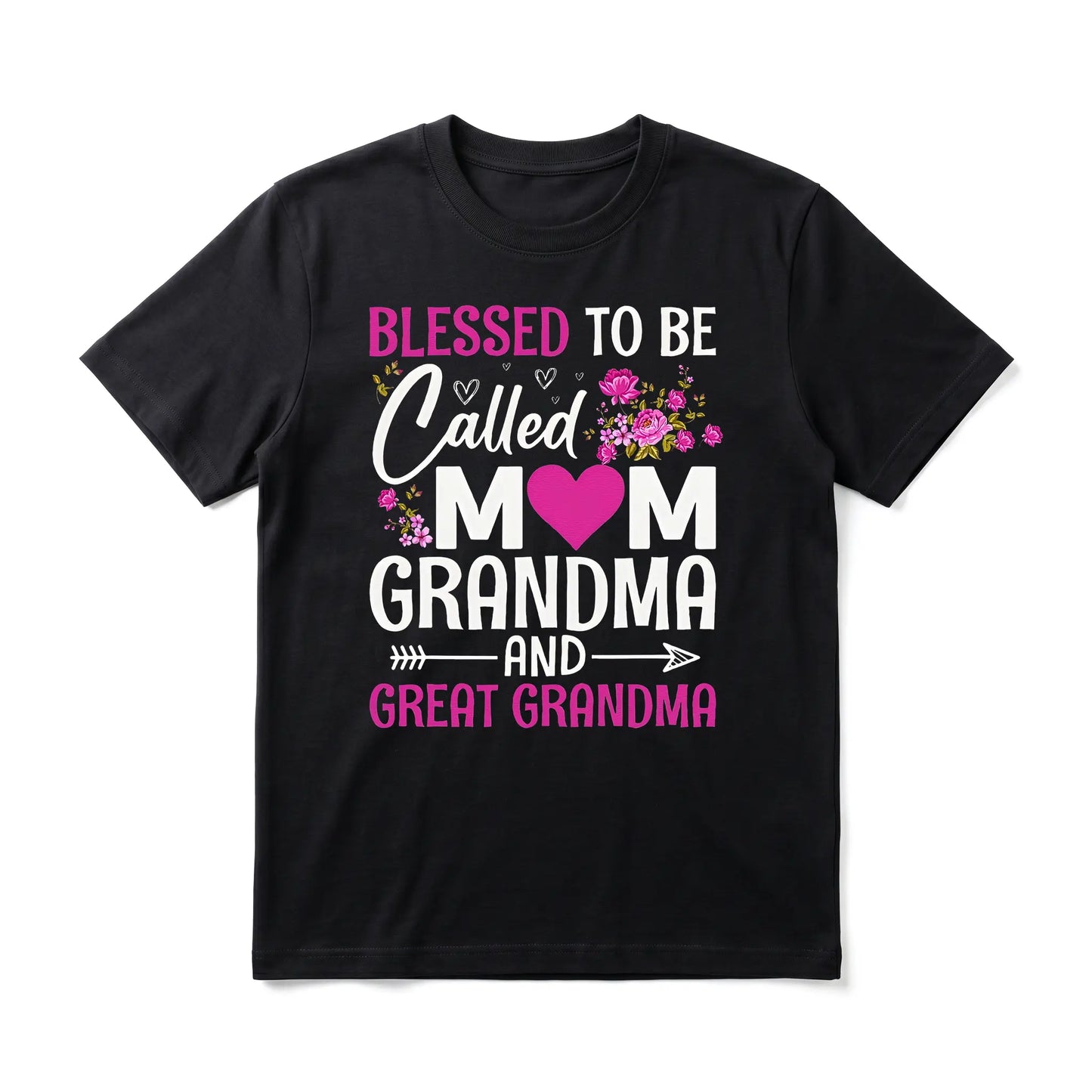 Blessed Mom Grandma Great Grandma Men's Graphic TShirt, 100%25 Cotton Short Sleeve Soft Top, Floral and Heart Print Design, for Daily Wear, Family Gathering, Mother's Day Gift, Gift for Men, Women and Friends
