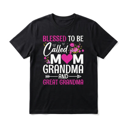 Blessed Mom Grandma Great Grandma Men's Graphic TShirt, 100%25 Cotton Short Sleeve Soft Top, Floral and Heart Print Design, for Daily Wear, Family Gathering, Mother's Day Gift, Gift for Men, Women and Friends