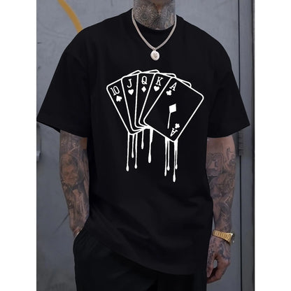 Men's Royal Blue Casual Cotton T-Shirt with Melted Playing Cards Graphic - Short Sleeve Summer Tee for Adults, Machine Washable, Cotton T Shirts