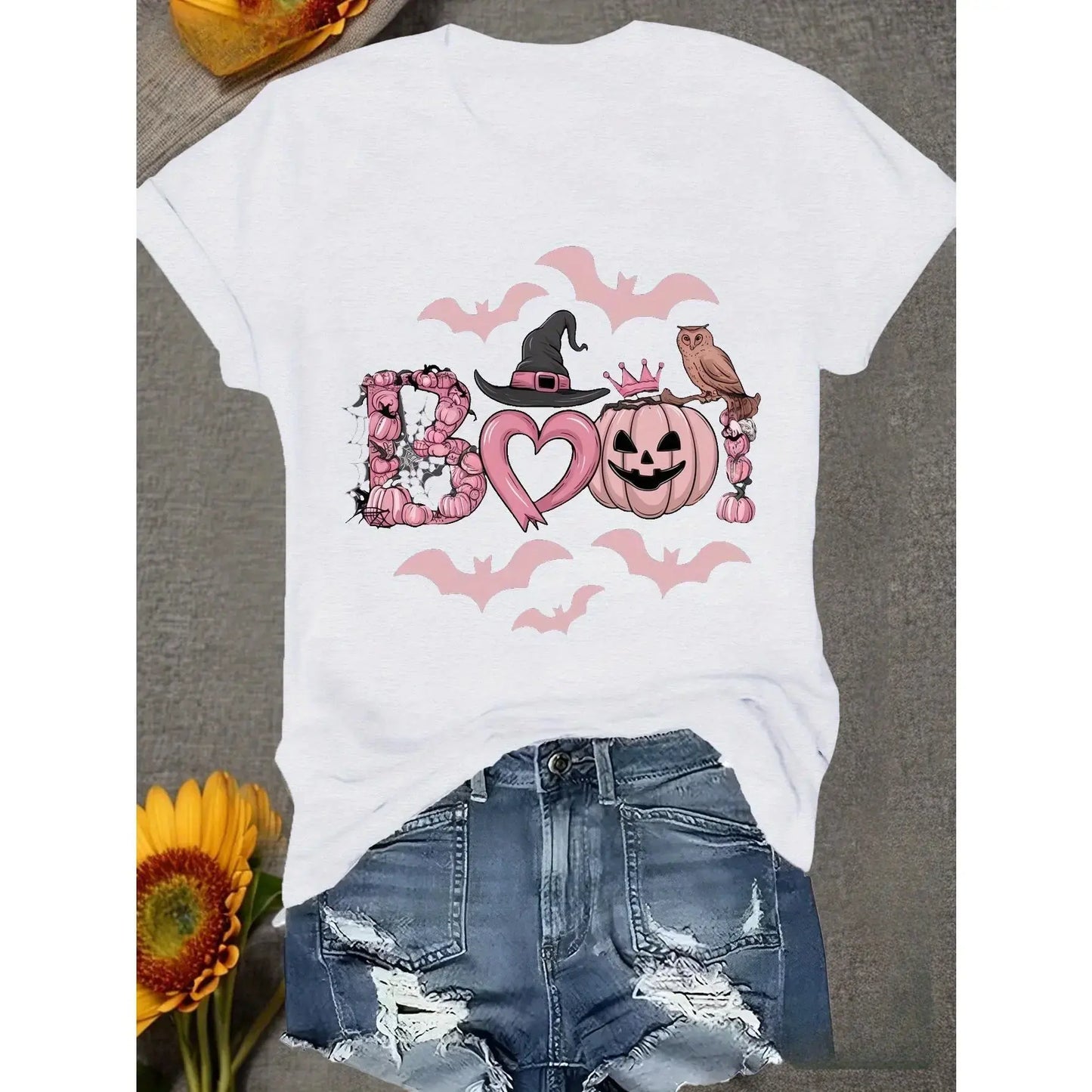 [100%25 Cotton] Spooky - Chic Tee For Halloween: Adorable "BOO!" Graphic With Bat And Pumpkin Elements T-Shirt For Men And Women