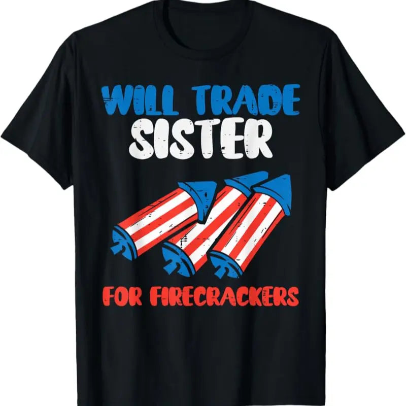 Boys' 4th of July T-Shirt, Funny "Trade Sister For Firecrackers" Graphic Tee, Casual Soft Lightweight Crew Neck Top for Kids, Fourth Of July