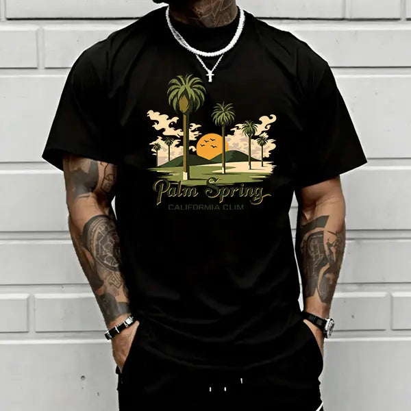 Men’s Palm Springs, California palm tree graphic T-shirt, retro sunset beach print tee, casual crew neck, perfect for summer vibes, vacation wear, and everyday casual outfits in white.