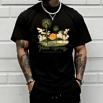 Men’s Palm Springs, California palm tree graphic T-shirt, retro sunset beach print tee, casual crew neck, perfect for summer vibes, vacation wear, and everyday casual outfits in white.