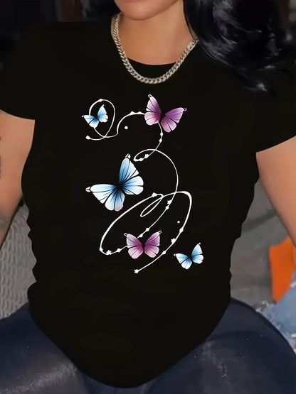 Plus Size Women's Elegant Short Sleeve T-Shirt - Comfortable Loose Fit Stretchy Black Top with Floral Butterfly Print, Round Neck, Machine Washable for Spring Summer Fall Casual Wear, Ladies T Shirts, Durable Comfort, Stretchy Fabric, Seasonal Fashion, Fe