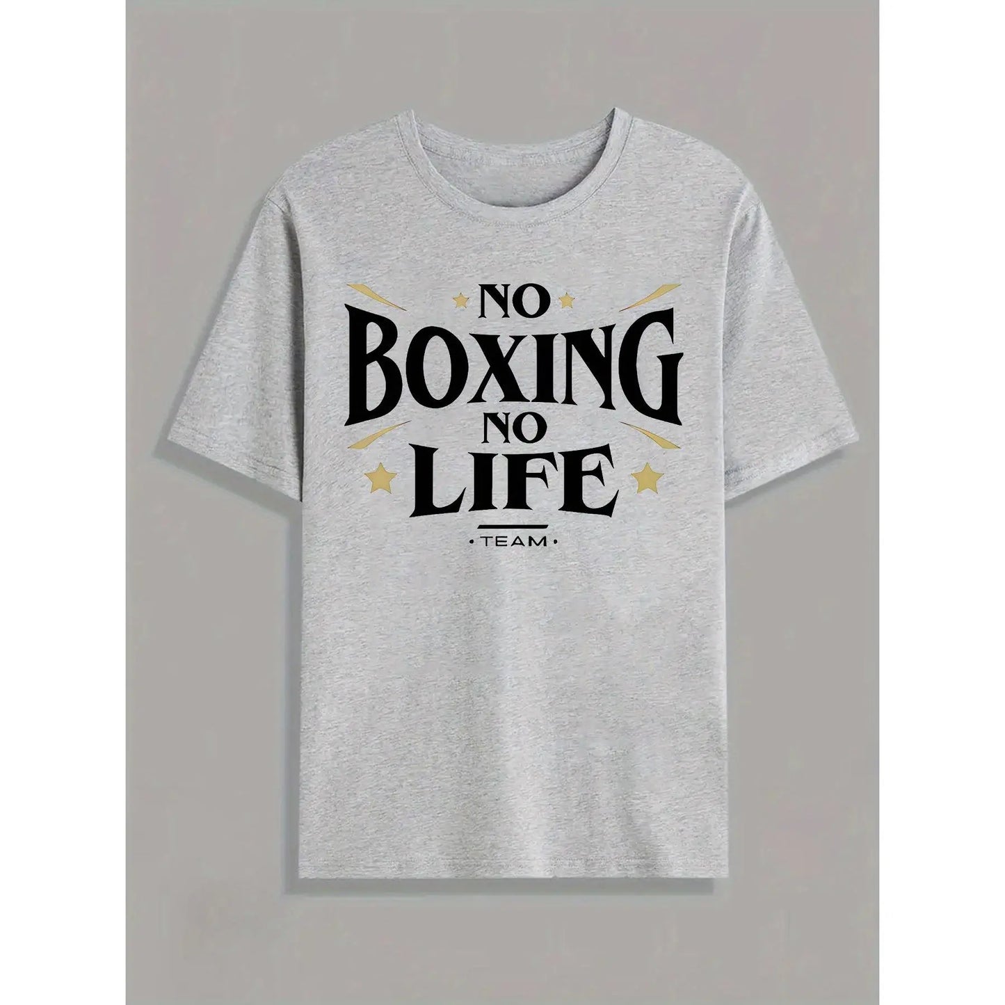 Men's Casual Short Sleeve T-Shirt with "NO BOXING NO LIFE" Graphic Print, Light Grey Regular Fit Round Neck Tee for Summer & Spring Outdoor Activities, Casual Wear, Urban Fashion, Easy Care, Printed Shirt, Streetwear Lovers, Spring Clothing, Streetwear St