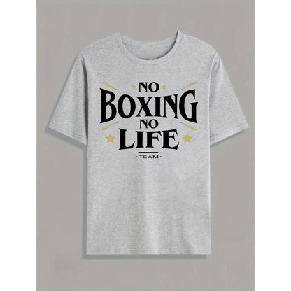 Men's Casual Short Sleeve T-Shirt with "NO BOXING NO LIFE" Graphic Print, Light Grey Regular Fit Round Neck Tee for Summer & Spring Outdoor Activities, Casual Wear, Urban Fashion, Easy Care, Printed Shirt, Streetwear Lovers, Spring Clothing, Streetwear St