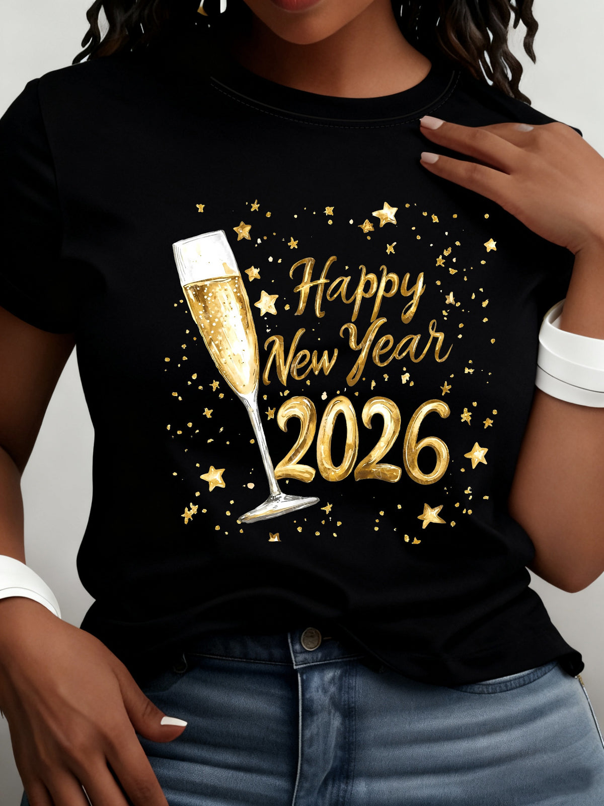 [Women'S Happy New Year T-Shirt] Women'S Luxurious Golden 2026 Happy New Year And Champagne Pattern Printed T-Shirt, Women'S Fashion Commute Round Neck Short Sleeve T-Shirt, Women'S Attending New Year Celebration Clothing, Goodbye 2025