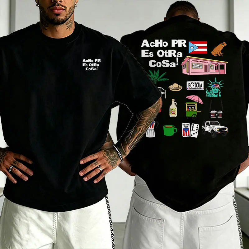Men’s summer double-sided Puerto Rico “Boricua” graphic T-shirt, “Acho PR is another thing” collage print loose streetwear tee, 100%25 cotton breathable crew neck short-sleeve top, casual shirt featuring Puerto Rican flag culture for everyday vacation wea