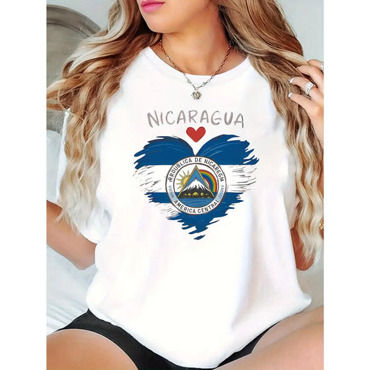 Women's Casual Short Sleeve T-Shirt - I Love Nicaragua Flag & Pledge Graphic Print, Round Neck, Medium Stretch, Machine Washable, All-Season Comfort Top for Casual Attire & National Pride
