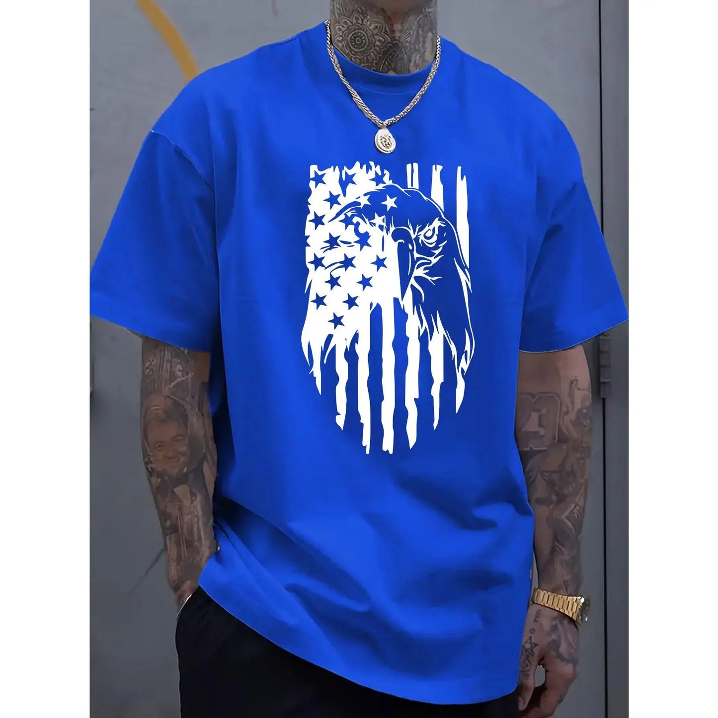 Men's American Flag Eagle Print T-Shirt, 100%25 Cotton Crew Neck Short Sleeve Tee, Casual All-Season Knit Fabric Top, Breathable Comfort Fit for Sports & Leisure, Leisure Clothing | Patriotic Apparel | Stretchable Material