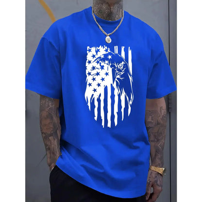 Men's American Flag Eagle Print T-Shirt, 100%25 Cotton Crew Neck Short Sleeve Tee, Casual All-Season Knit Fabric Top, Breathable Comfort Fit for Sports & Leisure, Leisure Clothing | Patriotic Apparel | Stretchable Material