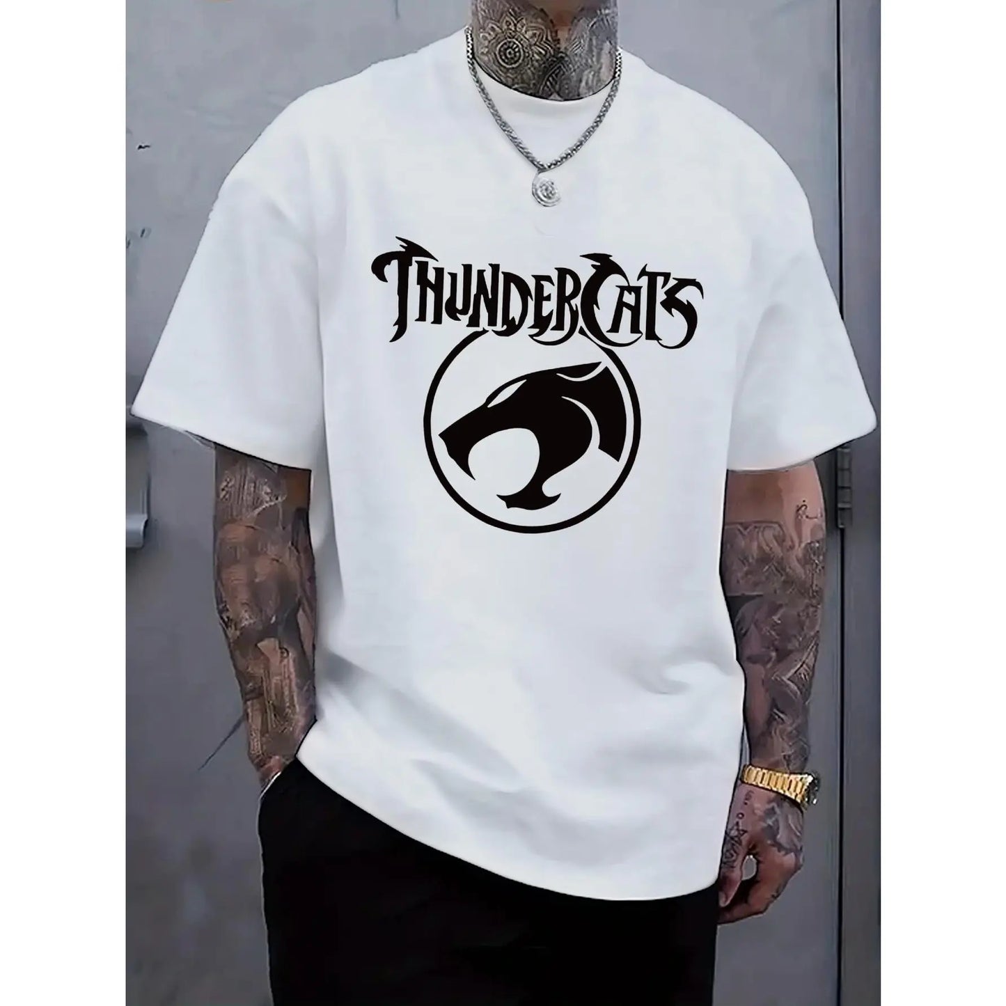 Men'S Black "ThunderCats" Graphic T-Shirt - Casual Streetwear with Roaring Cat Design, Crew Neck, Short Sleeve, Regular Fit, Perfect for Daily Wear, Casual Streetwear|Bold Graphic Tee|Stretchy Fabric