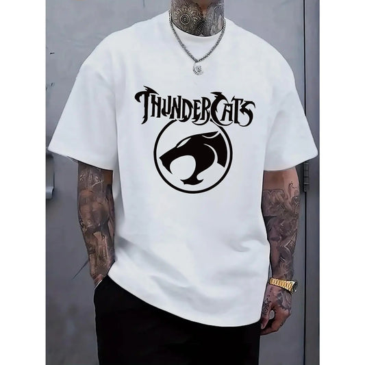 Men'S Black "ThunderCats" Graphic T-Shirt - Casual Streetwear with Roaring Cat Design, Crew Neck, Short Sleeve, Regular Fit, Perfect for Daily Wear, Casual Streetwear|Bold Graphic Tee|Stretchy Fabric