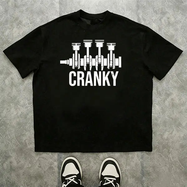Men’s “Cranky Engine Piston” graphic T-shirt, funny mechanic/car enthusiast quote tee, casual crew neck top, automotive-themed shirt for everyday wear, garage, streetwear, and casual meetups