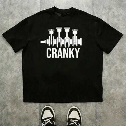 Men’s “Cranky Engine Piston” graphic T-shirt, funny mechanic/car enthusiast quote tee, casual crew neck top, automotive-themed shirt for everyday wear, garage, streetwear, and casual meetups