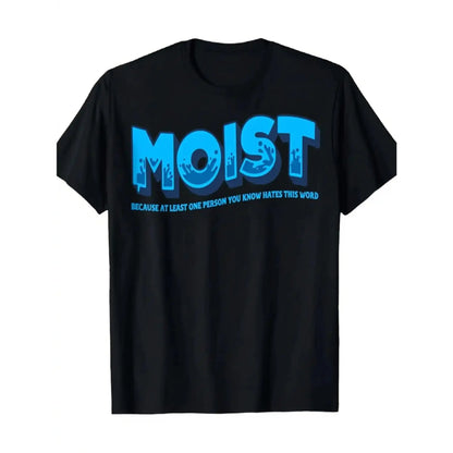 Menswear Men's Casual Graphic Round Neck Short Sleeve T-Shirt - Moist Team "The Perfect Wetter Since 1984" Funny Slogan, Moist Logo & Wet Wordplay Design, Black with Blue Print, All-Season Fit for Parties Crewneck