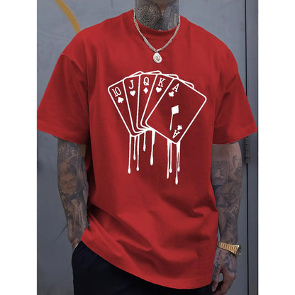 Men's Royal Blue Casual Cotton T-Shirt with Melted Playing Cards Graphic - Short Sleeve Summer Tee for Adults, Machine Washable, Cotton T Shirts