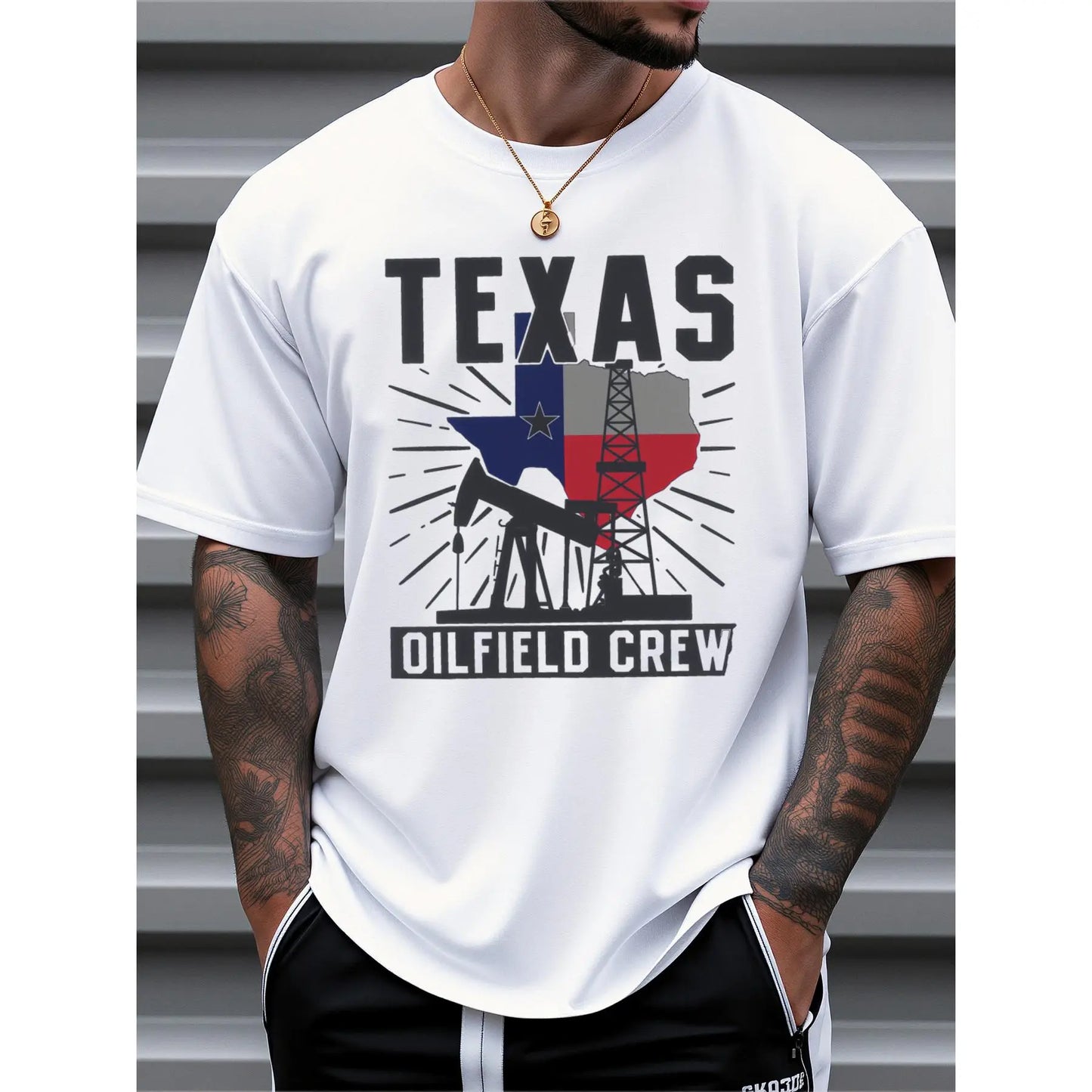 Men's Texas Oilfield Crew Graphic T-Shirt - 100%25 Cotton Casual Short Sleeve Tee with State Flag & Oil Derrick Print, Regular Fit Workwear for Summer, Machine Washable, Outdoor Clothing, Breathable Fabric