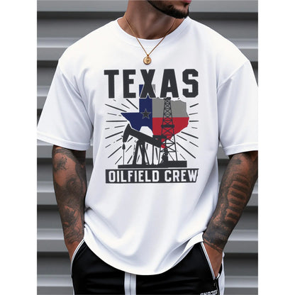 Men's Texas Oilfield Crew Graphic T-Shirt - 100%25 Cotton Casual Short Sleeve Tee with State Flag & Oil Derrick Print, Regular Fit Workwear for Summer, Machine Washable, Outdoor Clothing, Breathable Fabric