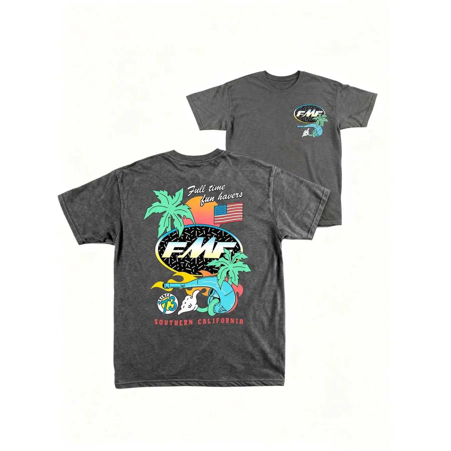 Men's American Street Style T-Shirt, Palm Tree Sunset Us Flag Print, Fmf Exhaust Pipe Design, Casual Summer Fitted Graphic Tee