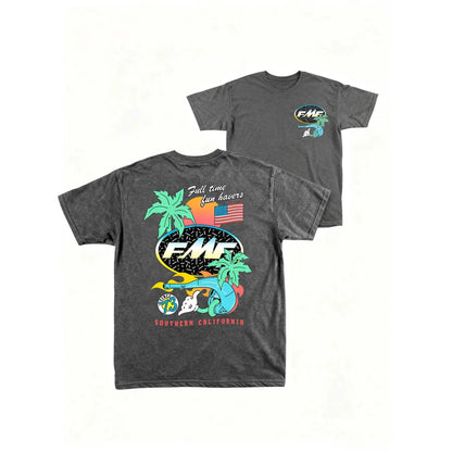 Men's American Street Style T-Shirt, Palm Tree Sunset Us Flag Print, Fmf Exhaust Pipe Design, Casual Summer Fitted Graphic Tee