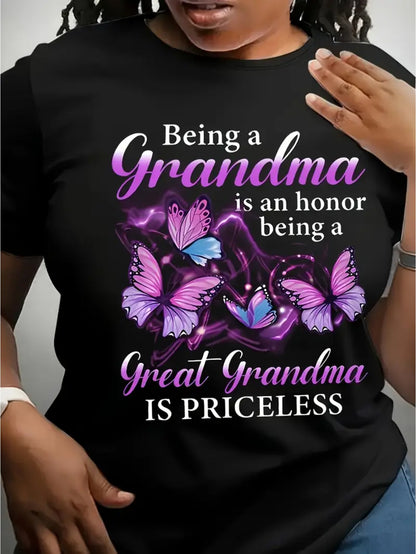 "Being a Grandma, Being a Great Grandma is Priceless" T-Shirt - Purple & Pink Butterfly Print Grandma Gift, 95% 5% Elastane Stretch Fit Short Sleeve Crew Neck Casual Top for Grandfathers & Grandparents Day