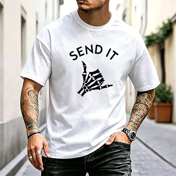 Men’s “SEND IT” skeleton Shaka hand graphic T-shirt, casual crew neck short sleeve tee, soft cotton blend, perfect for streetwear, adventure lovers, and everyday casual outfits