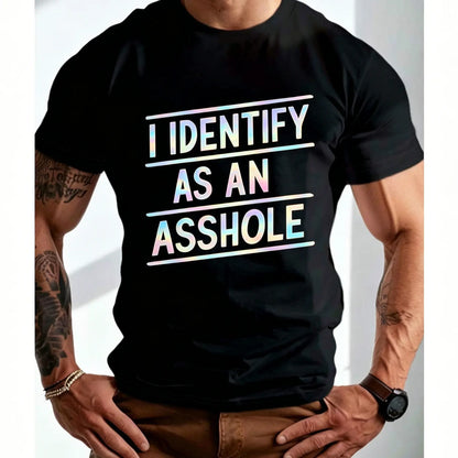 Men's Plus Size "I Identify As An" Graphic Shirt - Bold Statement Mensfashion Casual T-Shirts, Relaxed Fit Short Sleeve, Glossy Polyester Blend, Machine Washable, All-Season Comfort for Casual Attire & Gym Workouts Gym Apparel