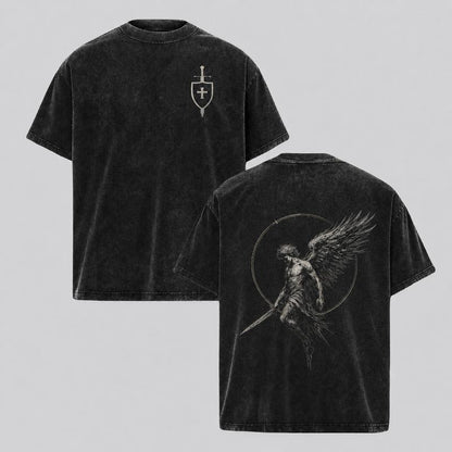 Men's Acid Washed Grunge Cotton Top - Crew Neck Graphic Tee with Sanctus Michael Archangel Print, Flaming Sword, Shield, Scales of Justice - Christian Religious Apparel for Halloween, New Year