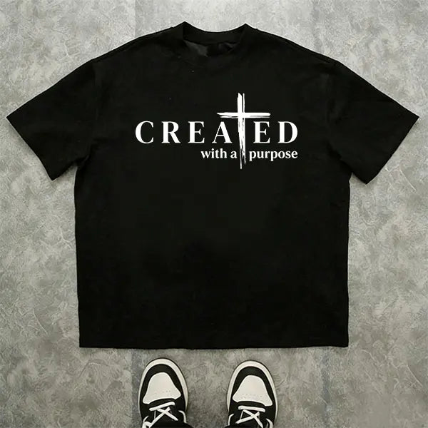 Men’s “Created with a Purpose” Christian graphic T-shirt, cross faith quote print tee, casual crew neck, perfect for church outfits, faith wear, and streetwear.,summerwins,father'sdaygifts