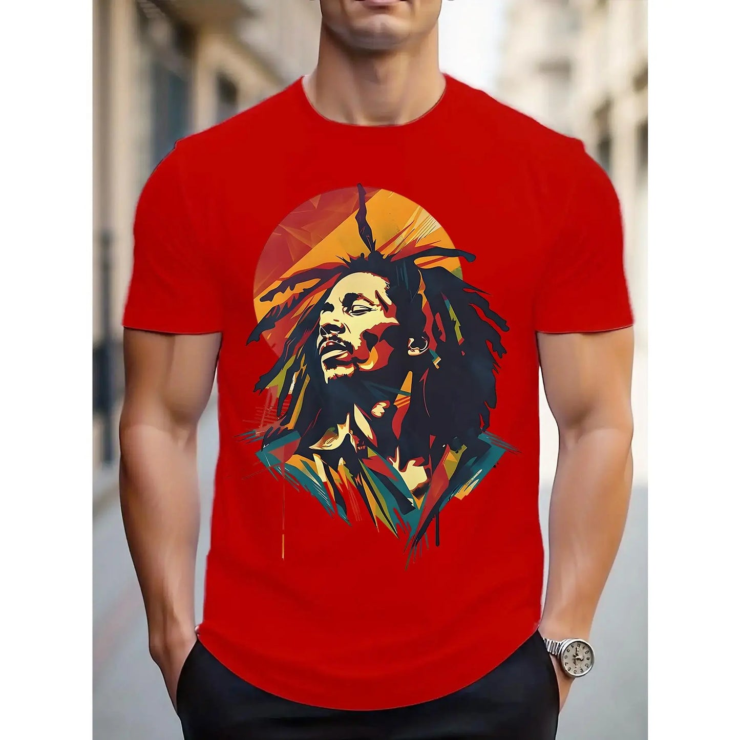 Men's Reggae Music Themed T-Shirt with Dreadlock Character Print - Breathable Fabric, Casual Short Sleeve Round Neck Top Suitable for Summer, Concerts & Festival Wear