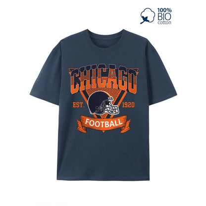 Chicago Football Graphic Tee - 100%25 Cotton Men's Casual T-Shirt, Short Sleeve, Round Neck, All-Season Comfort, White with Orange & Blue Chicago Football Design, Perfect for Sports Fans, Everyday Comfort | Graphic Tshirt | Durable Print, Chicago T Shirt
