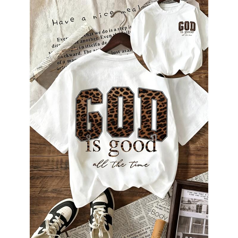 Women's 100% Cotton Vintage Loose-Fit Leopard Print Graphic Tees - Unisex, God Is Good All The Time Design, Crew Neck, Short Sleeve, All-Seasons, Machine Wash Casual Sports Top, Graphic Tees Women