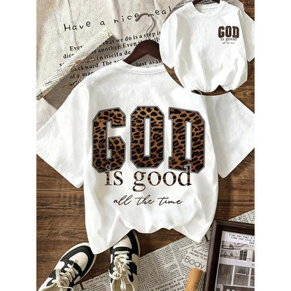Women's 100% Cotton Vintage Loose-Fit Leopard Print Graphic Tees - Unisex, God Is Good All The Time Design, Crew Neck, Short Sleeve, All-Seasons, Machine Wash Casual Sports Top, Graphic Tees Women