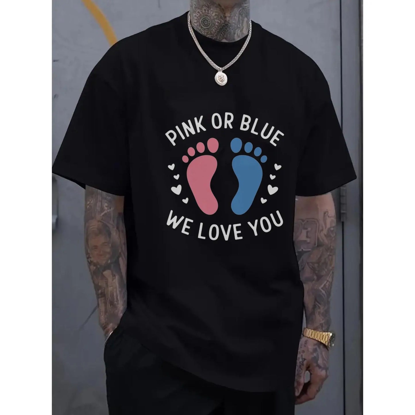 Unisex Pink or Blue We Love You Baby Footprints Gender Reveal T-Shirt for Men and Women