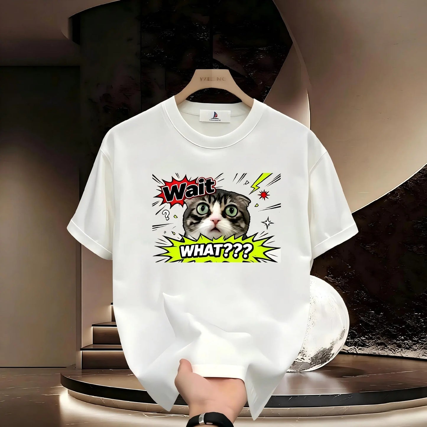 Men's Short-Sleeve Soft Sport T-Shirt - Wait What Shocked Tabby Cat Meme Graphic Apparel, Casual Streetwear Cotton Clothes For Men