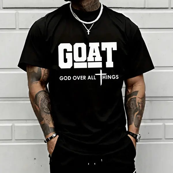 “God Over All” graphic T-shirt for men, 100%25 cotton, breathable loose streetwear short sleeve, urban faith style casual tee for everyday outdoor wear — trendy Christian casual top, short sleeve, menswear, T-shirt, crew neck, TikTok Shop Spring Glow Up.,