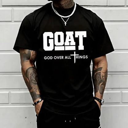 “God Over All” graphic T-shirt for men, 100%25 cotton, breathable loose streetwear short sleeve, urban faith style casual tee for everyday outdoor wear — trendy Christian casual top, short sleeve, menswear, T-shirt, crew neck, TikTok Shop Spring Glow Up.,